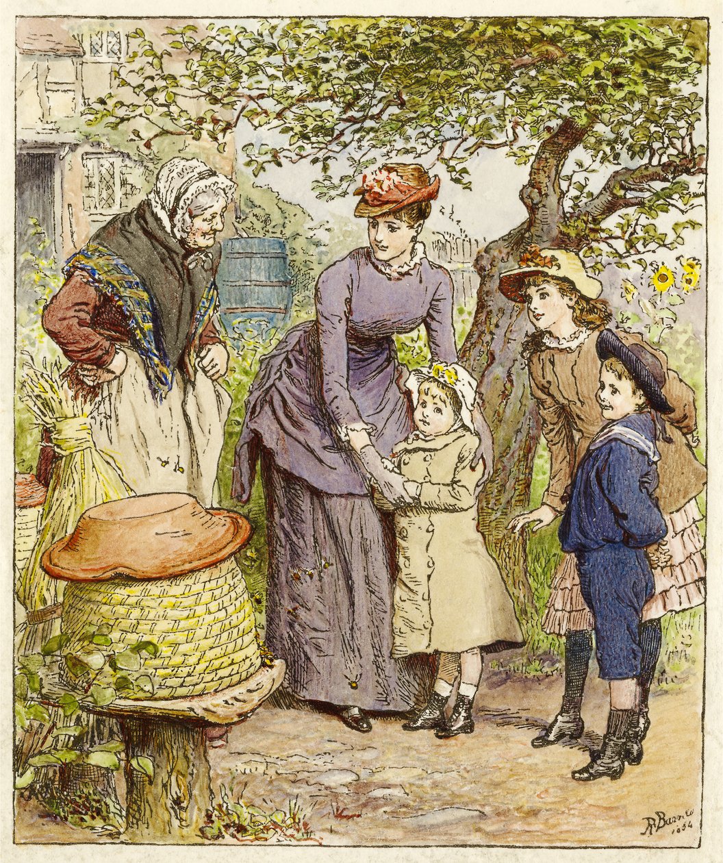 Moeder en kinderen bij een bijenkorf, uitgegeven 1854 door Robert Barnes