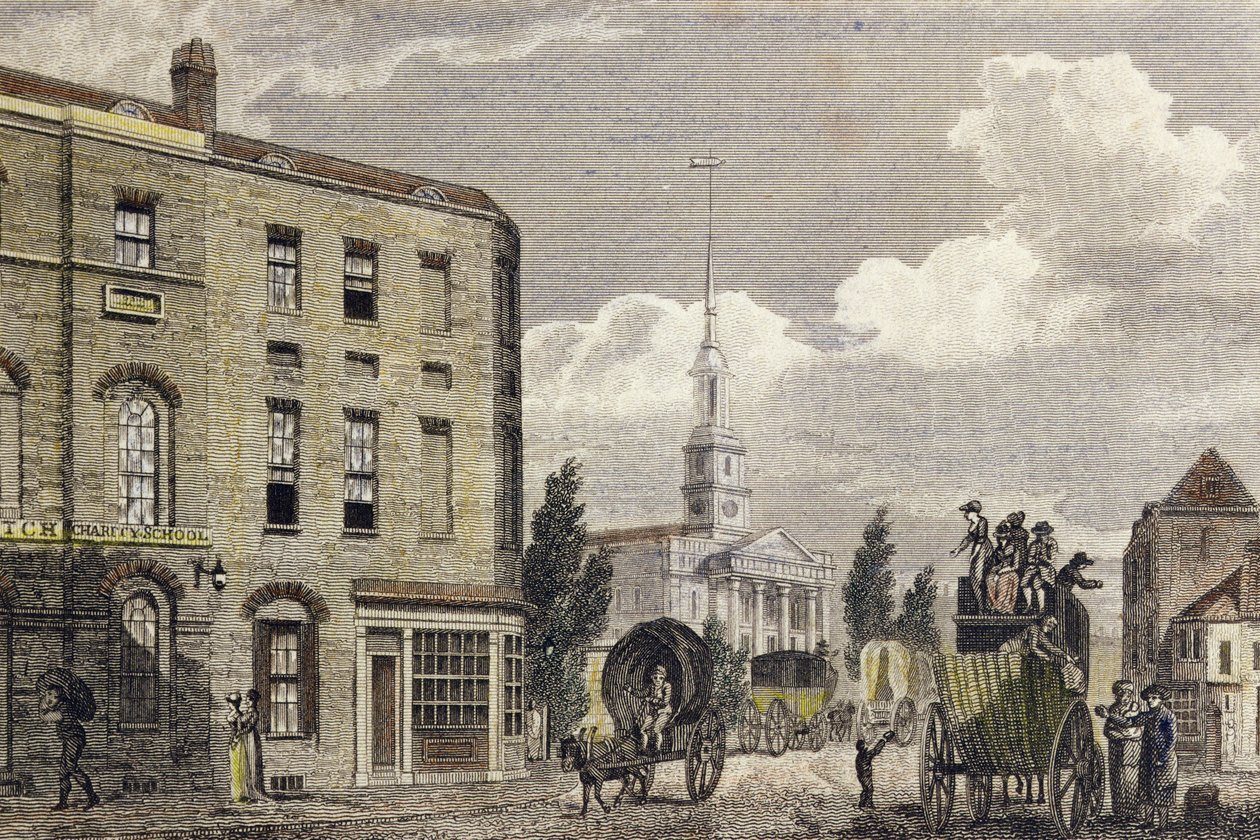 Ingang naar Londen bij Shoreditch Church, 1810 door Robert Blemell Schnebbelie