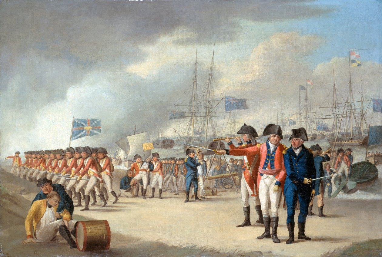 Landing van Britse troepen onder Sir Ralph Abercromby op het eiland Texel, Nederland, 27 augustus 1799 door Robert Dodd
