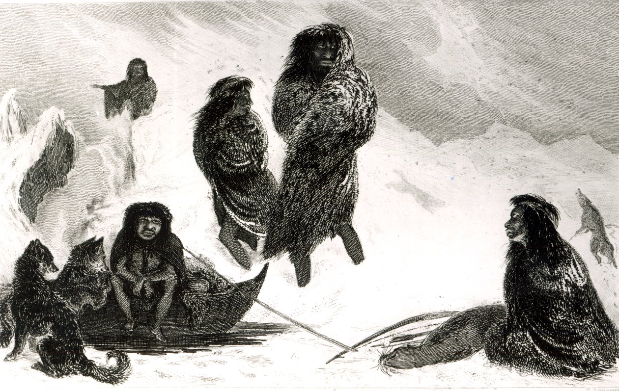 Fuegianen gaan handelen in Zapallos met de Patagoniërs, gegraveerd door T.Lanseer 1838 door Robert Fitzroy