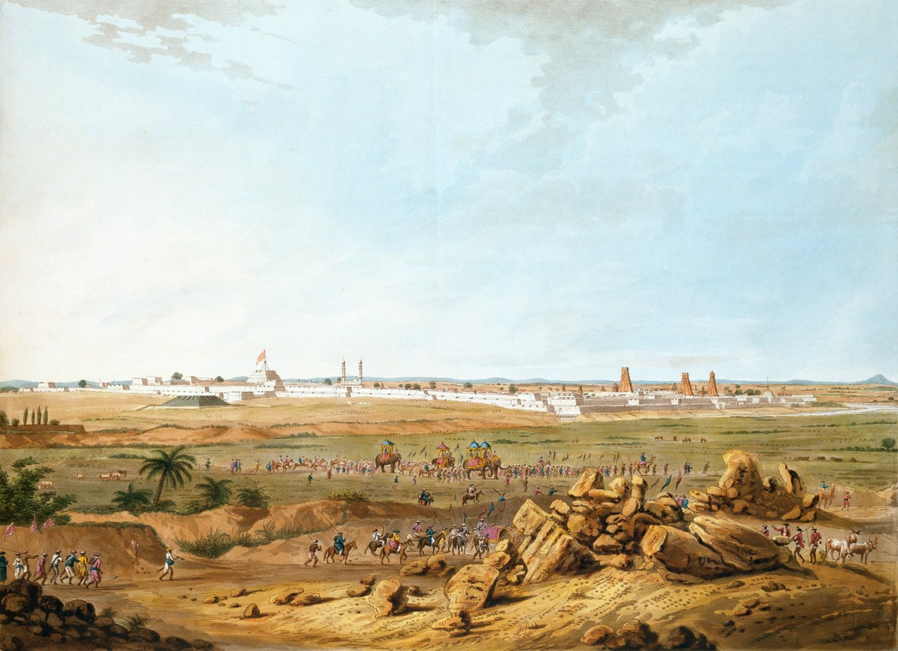 Oostelijk Uitzicht op Seringapatam op 15 mei 1791, illustratie uit Twaalf Zichten van Mysore, het Land van Tippoo Sultan gegraveerd en ingekleurd door J.W. Edy, gepubliceerd 1804 door Robert H. Colebrooke