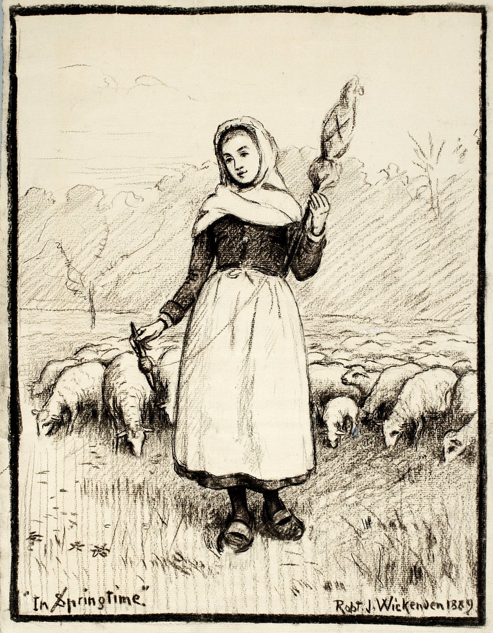 In de Lente, 1889 (houtskool & pen & inkt met witte correcties op crèmekleurig papier) door Robert J. Wickenden