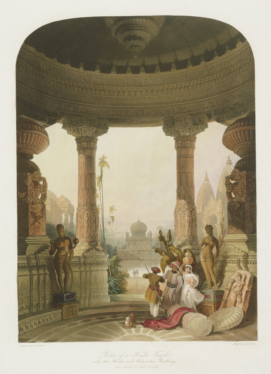 Portiek van een Hindoe Tempel, met andere Hindoe en Mahomedaanse Gebouwen door Robert Melville Grindlay
