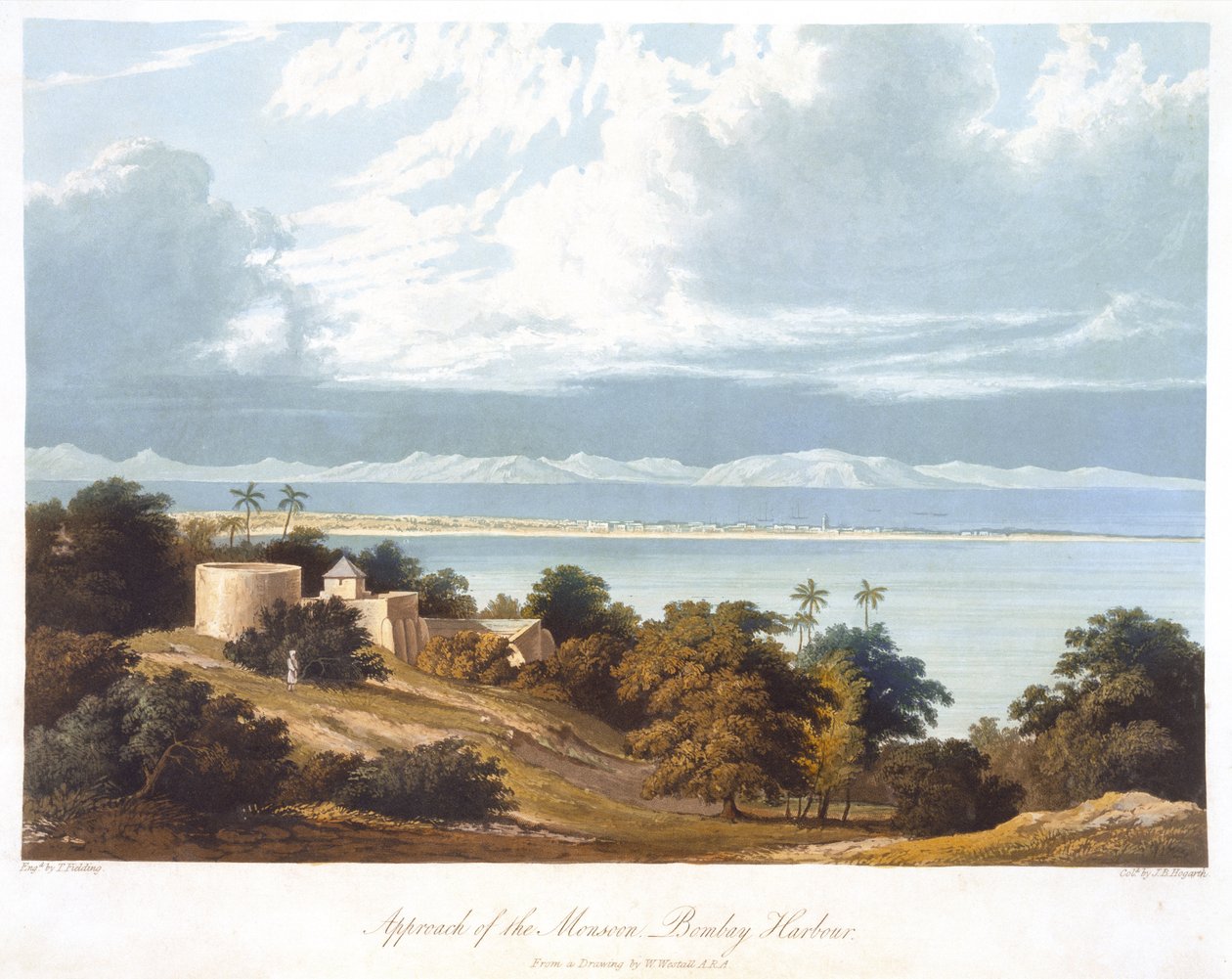 Nadering van de Moesson, Bombay Haven, naar een tekening van William Westall (1781-1850) uit Scenery, Costumes and Architecture of India gegraveerd door T. Fielding, ingekleurd door J.B. Hogarth, gepubliceerd 182 door Robert Melville after Grindlay