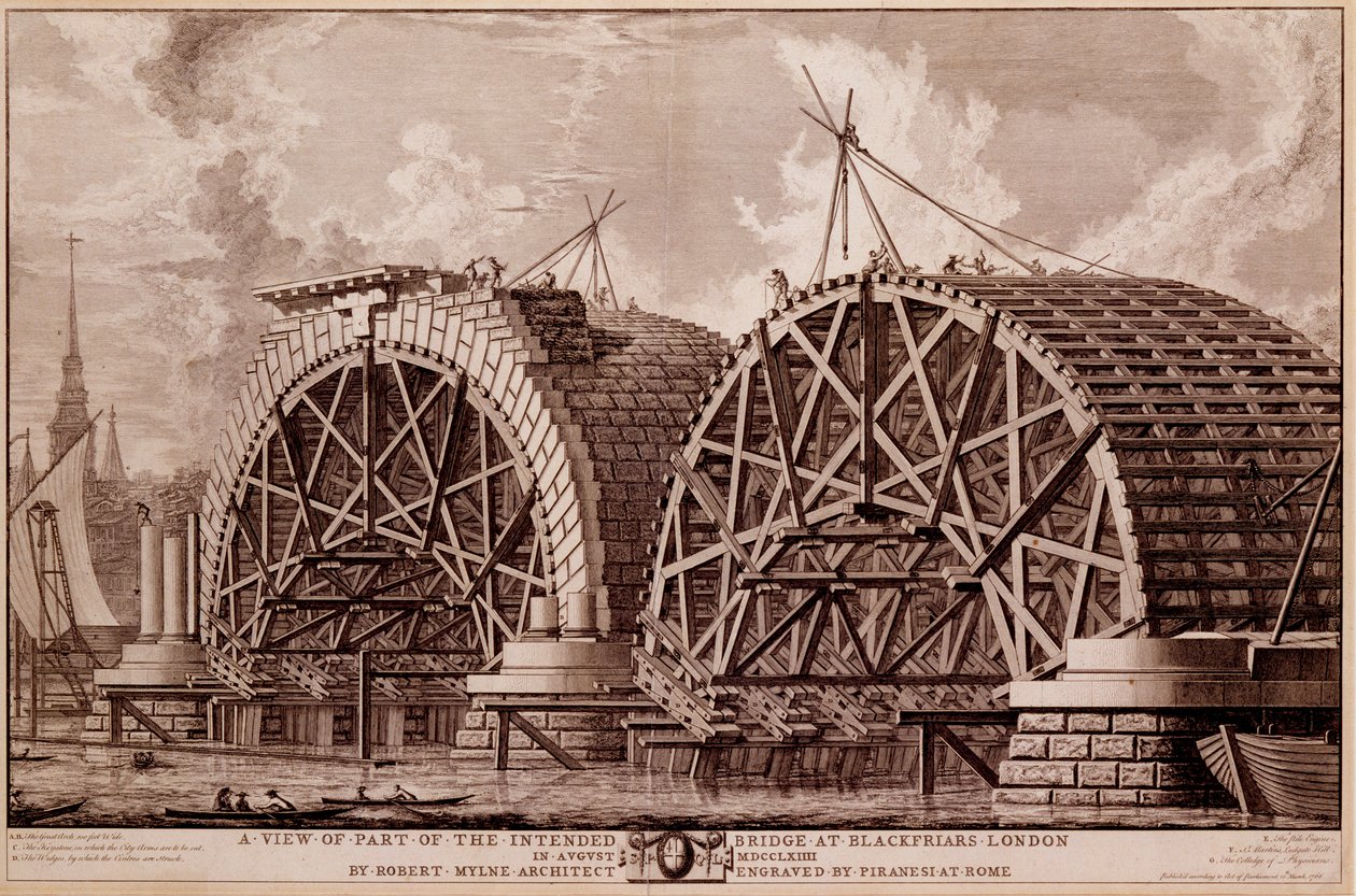 Een uitzicht op een deel van de beoogde brug bij Blackfriars Londen, prent gemaakt door Piranesi, 1764 door Robert Milne