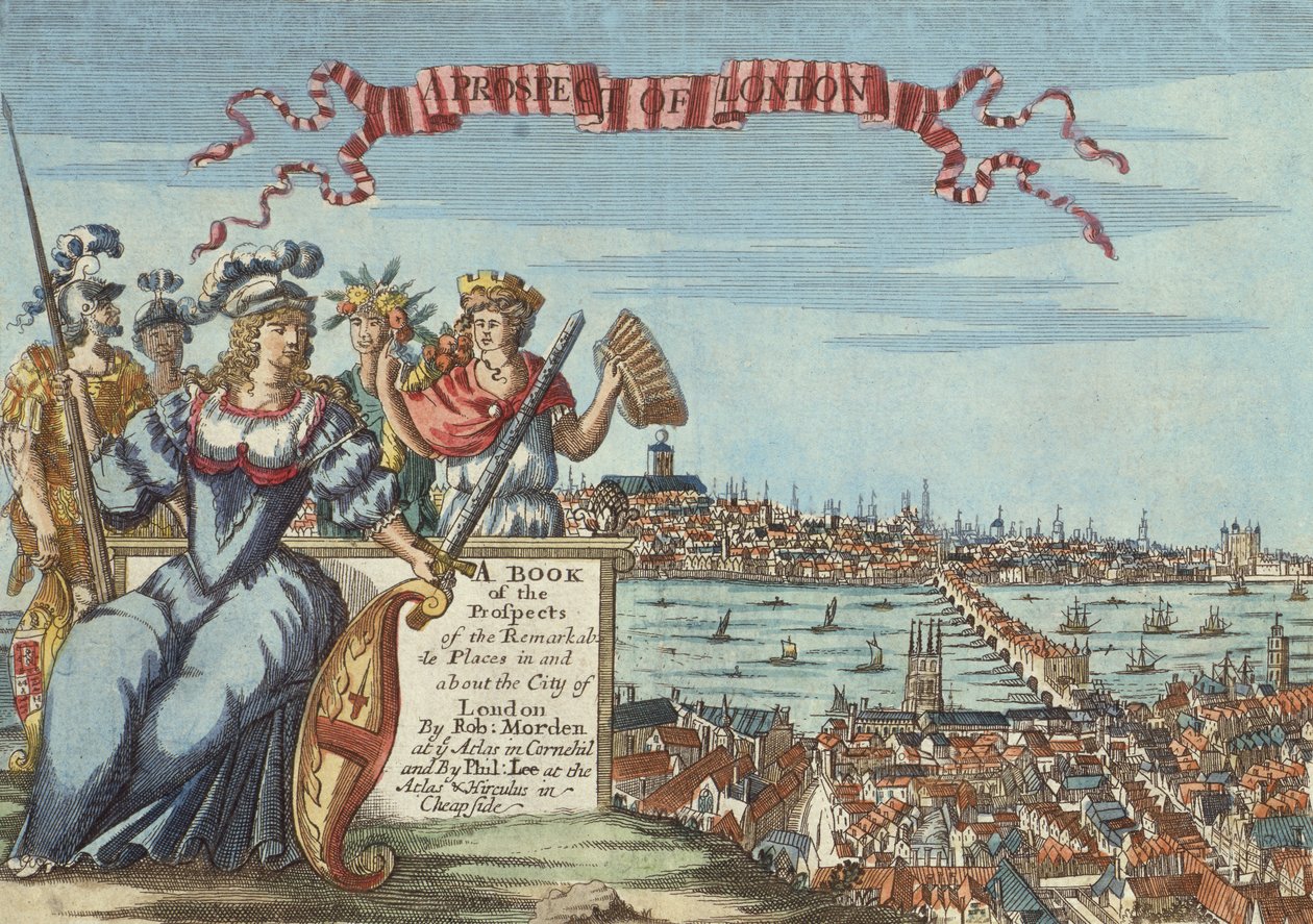 Een Uitzicht op Londen, Frontispice uit Een Boek van de Uitzichten van de Opmerkelijke Plaatsen in en rond de Stad Londen, c.1700 door Robert Morden