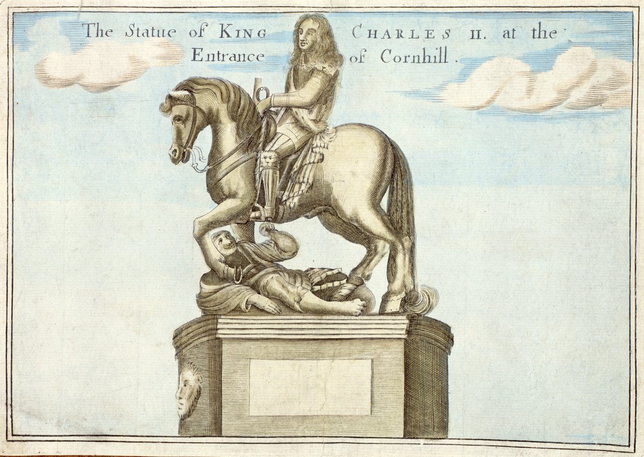 Standbeeld van Koning Karel II (1630-85) bij de Ingang van Cornhill, uit Een Boek van de Uitzichten van de Opmerkelijke Plaatsen in en rond de Stad Londen, c.1700 door Robert Morden