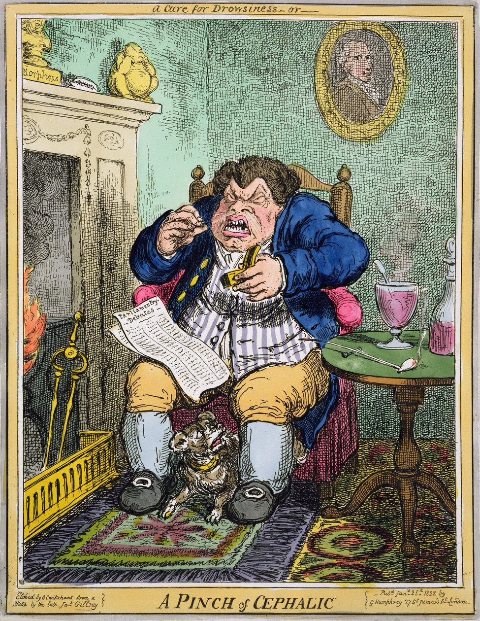 Een Geneesmiddel tegen Slaperigheid of een Snufje Cephalic, gegraveerd door George Cruikshank (1792-1878), uitgegeven door G. Humphrey, 25 januari 1822 door Robert Seymour