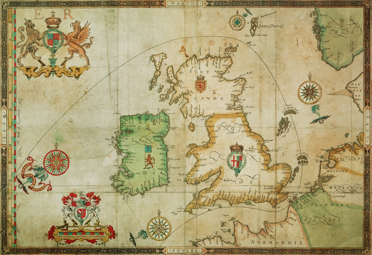 De route van de Spaanse Armada door het Engelse Kanaal, naar de Noordzee, rond Noord-Schotland en de Atlantische Oceaan om terug te keren naar Spanje door Robert (after) Adams