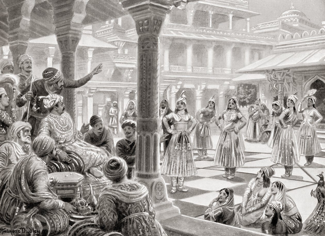 Akbar speelt pachisi of chaupur met levende stukken in Fatehpur Sikri in 1575, uit Hutchinson