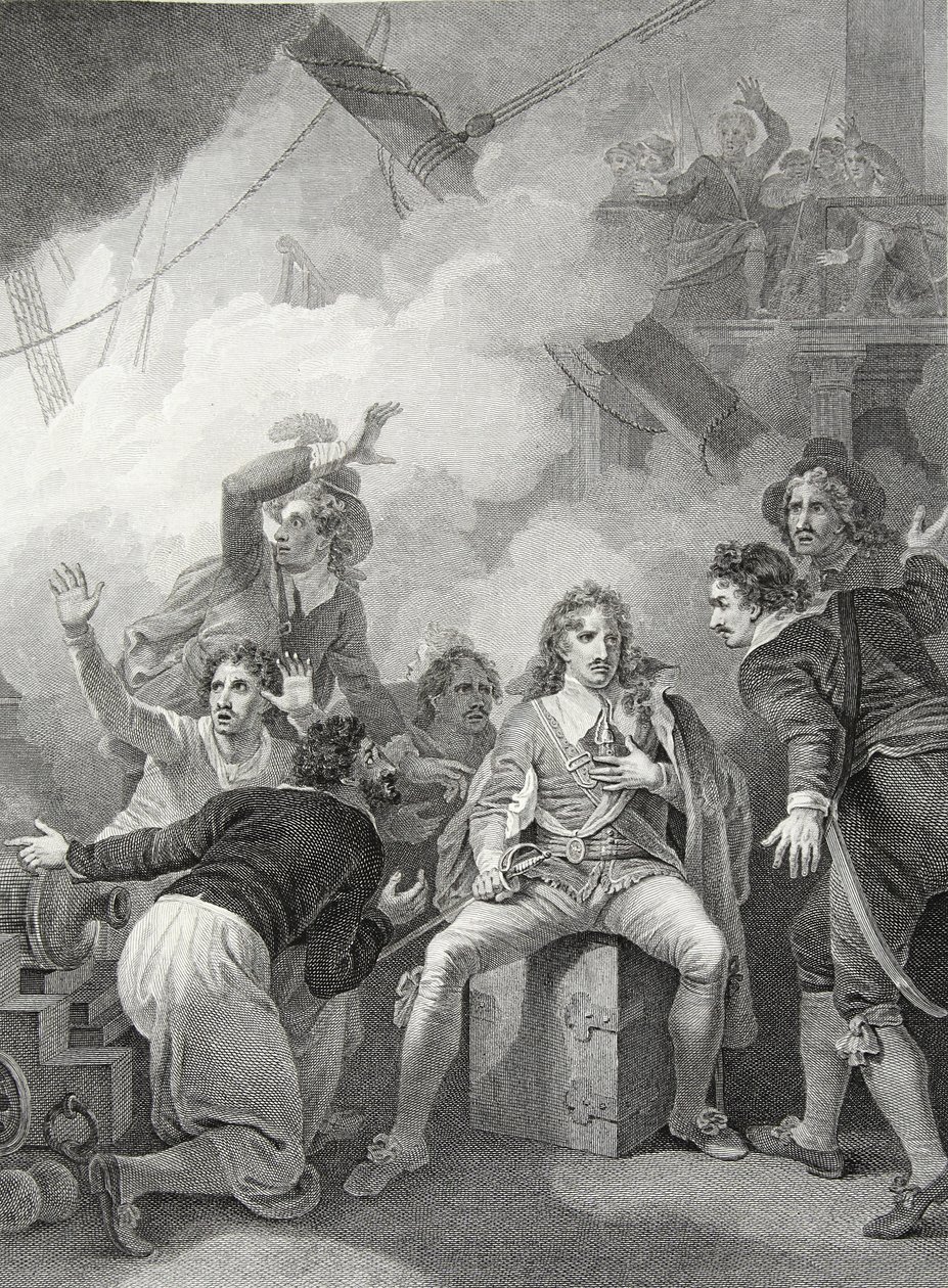 Graaf Sandwich weigert zijn schip te verlaten terwijl het in brand staat, in de Slag bij Sole Bay, gegraveerd door W. Byrne, illustratie uit David Hume