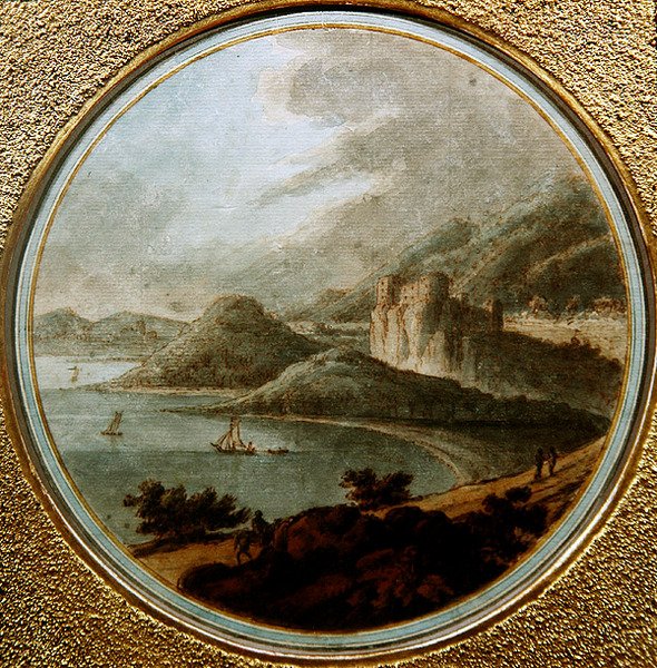 Kasteel boven een zeebaai met schepen, ca. 1775 door Robert (attr. to) Adam