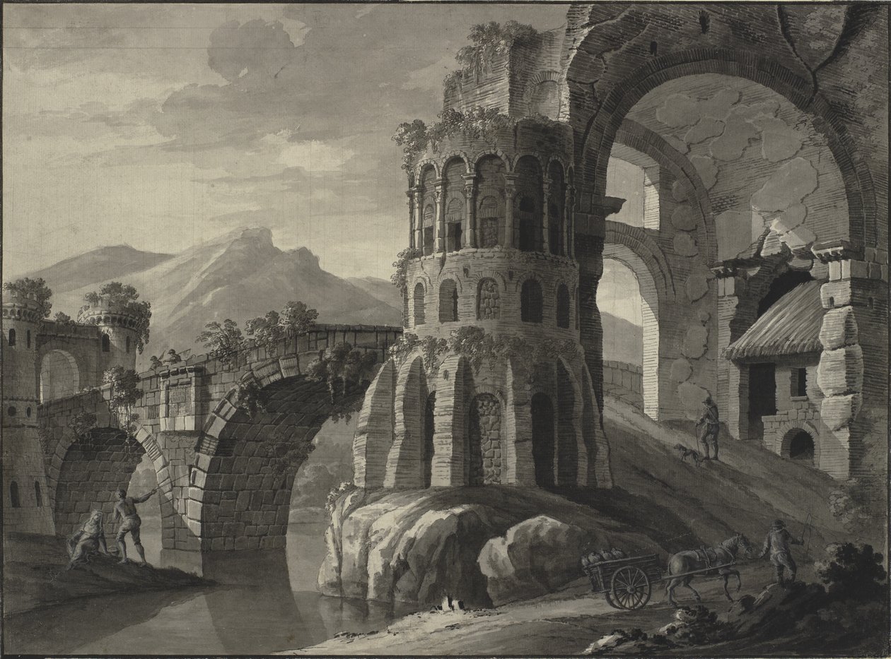 Architectonische fantasie. Ruïne van antieke brug, geflankeerd door middeleeuwse torens door Robert Adam