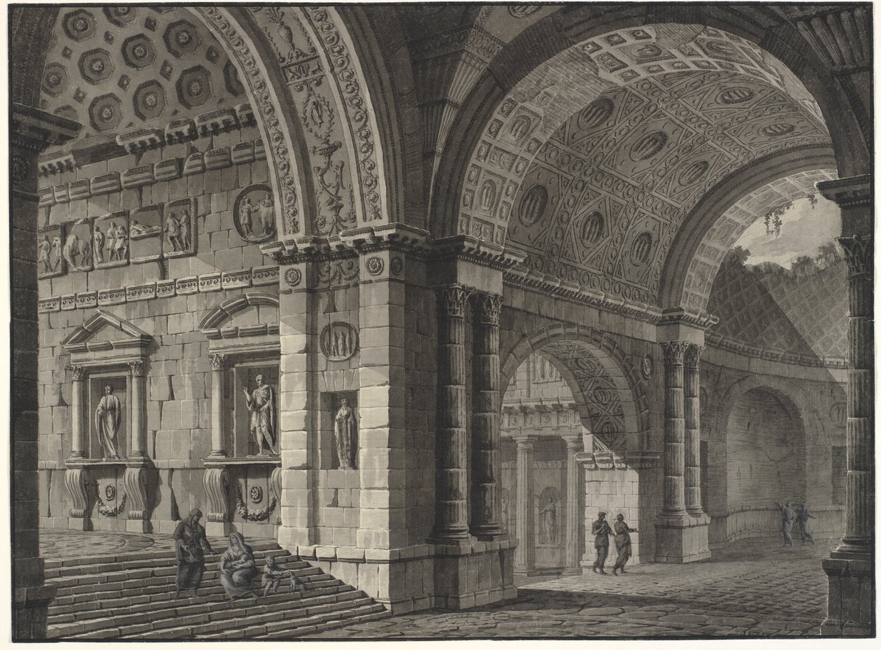 Architectonische fantasie van het interieur van een oud gebouw met gedeeltelijk verwoeste gewelven door Robert Adam