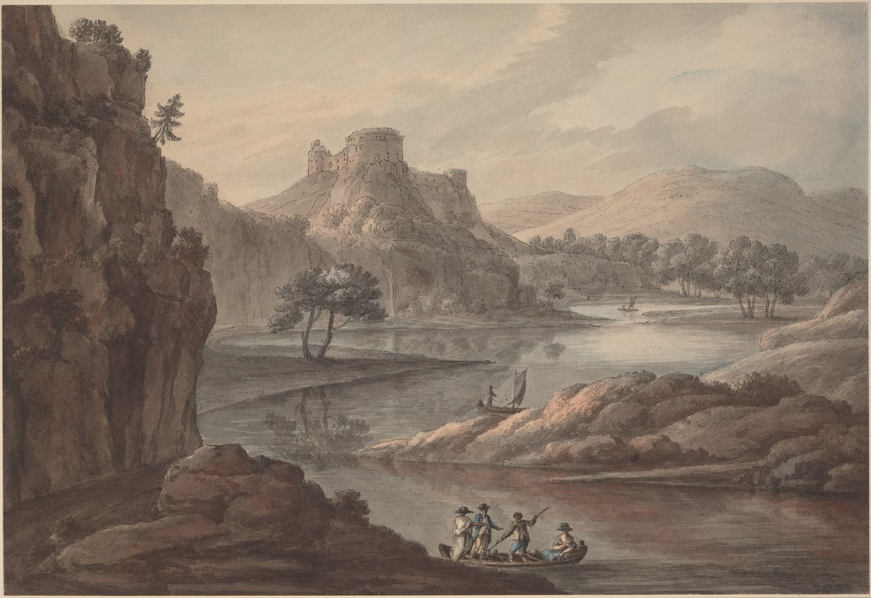 Rivierlandschap met een kasteel door Robert Adam