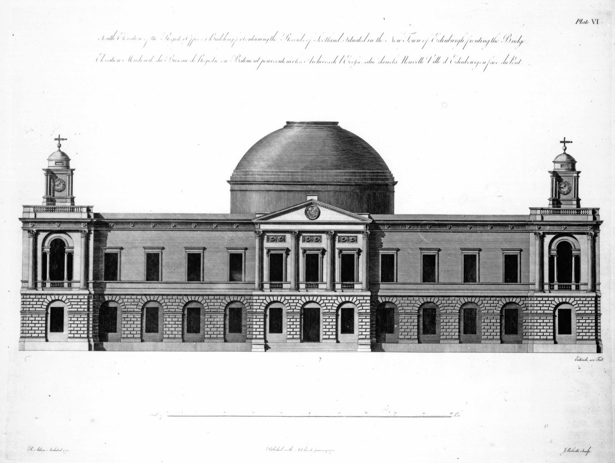 De Zuidelijke Gevel van Register House, Edinburgh, gegraveerd door J. Roberts, 1773 door Robert Adam