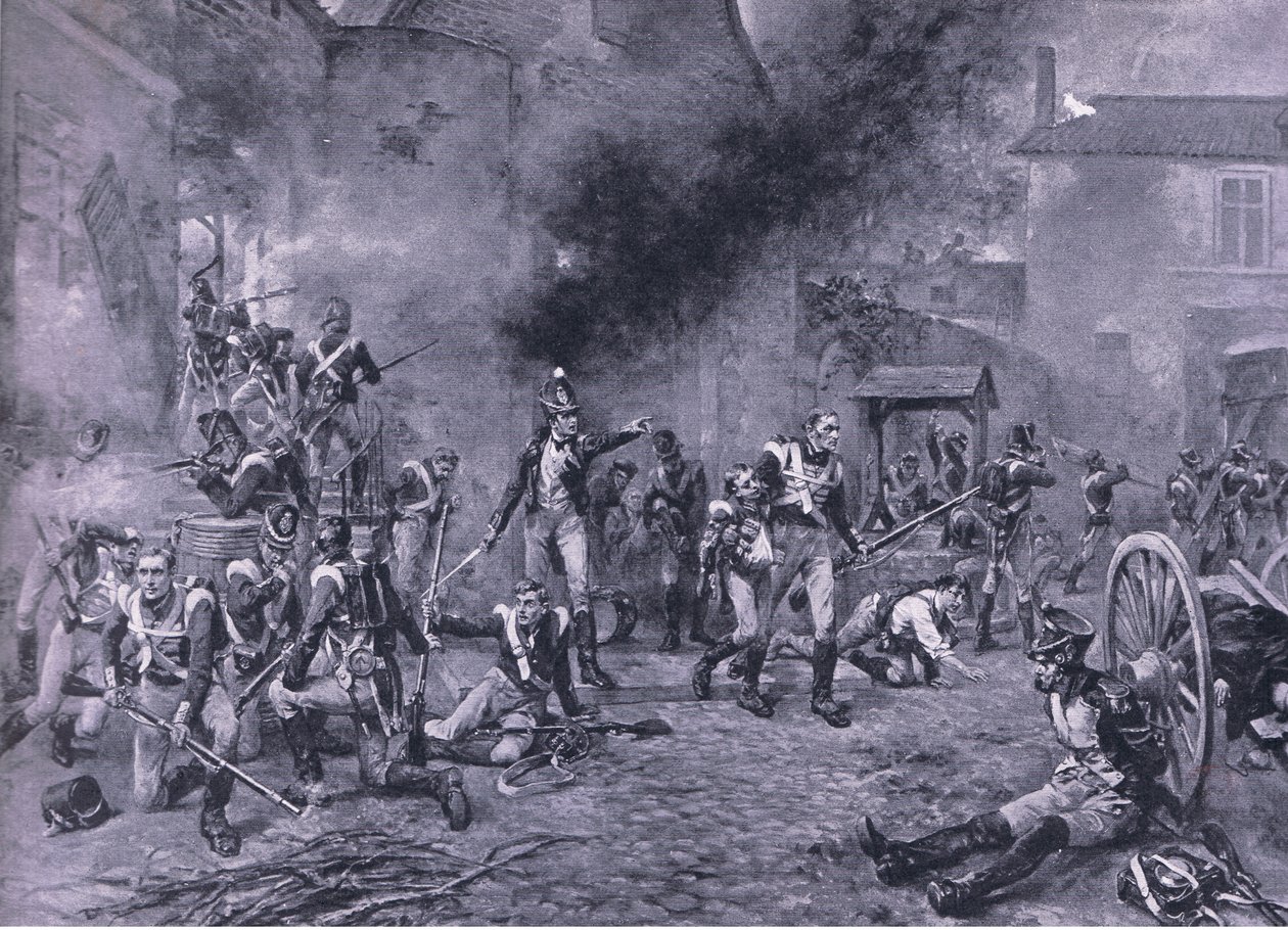 De verdediging van Hougoumont 18 juni 1815, illustratie uit Britse gevechten op land en zee, 1915 door Robert Alexander Hillingford