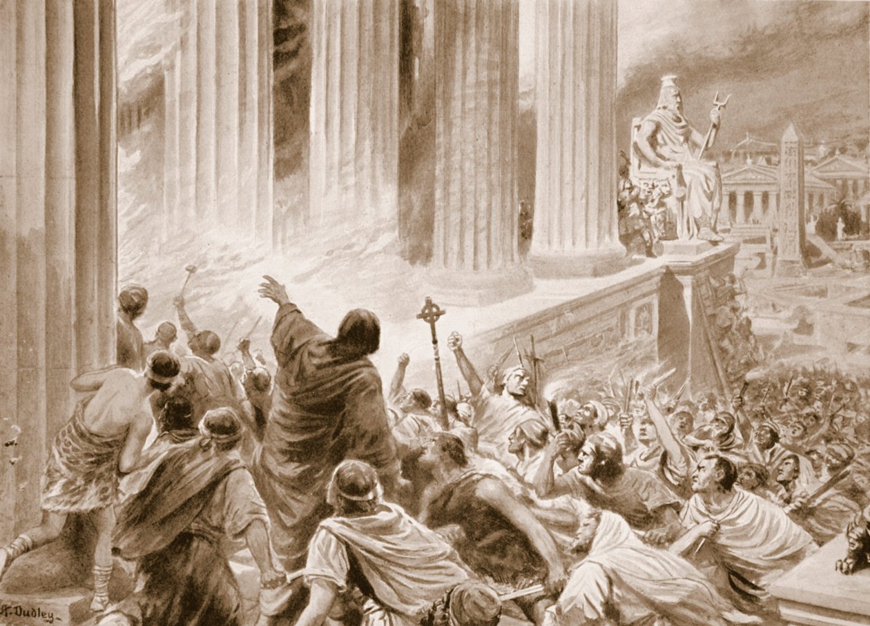 De brand van de bibliotheek van Alexandrië in 391 AD, illustratie uit 