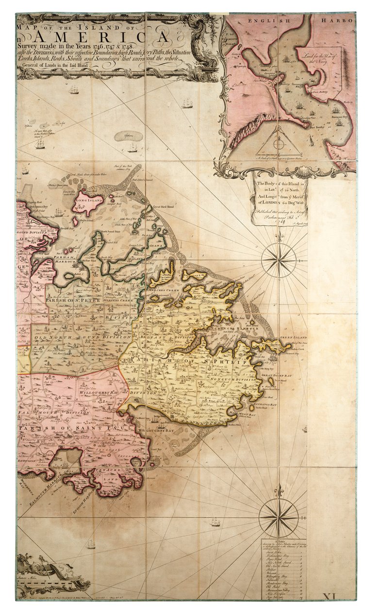 Een nieuwe en exacte kaart van het eiland Antigua in Amerika, volgens een onderzoek gedaan in de jaren 1746-1748, c.1749 door Robert Baker