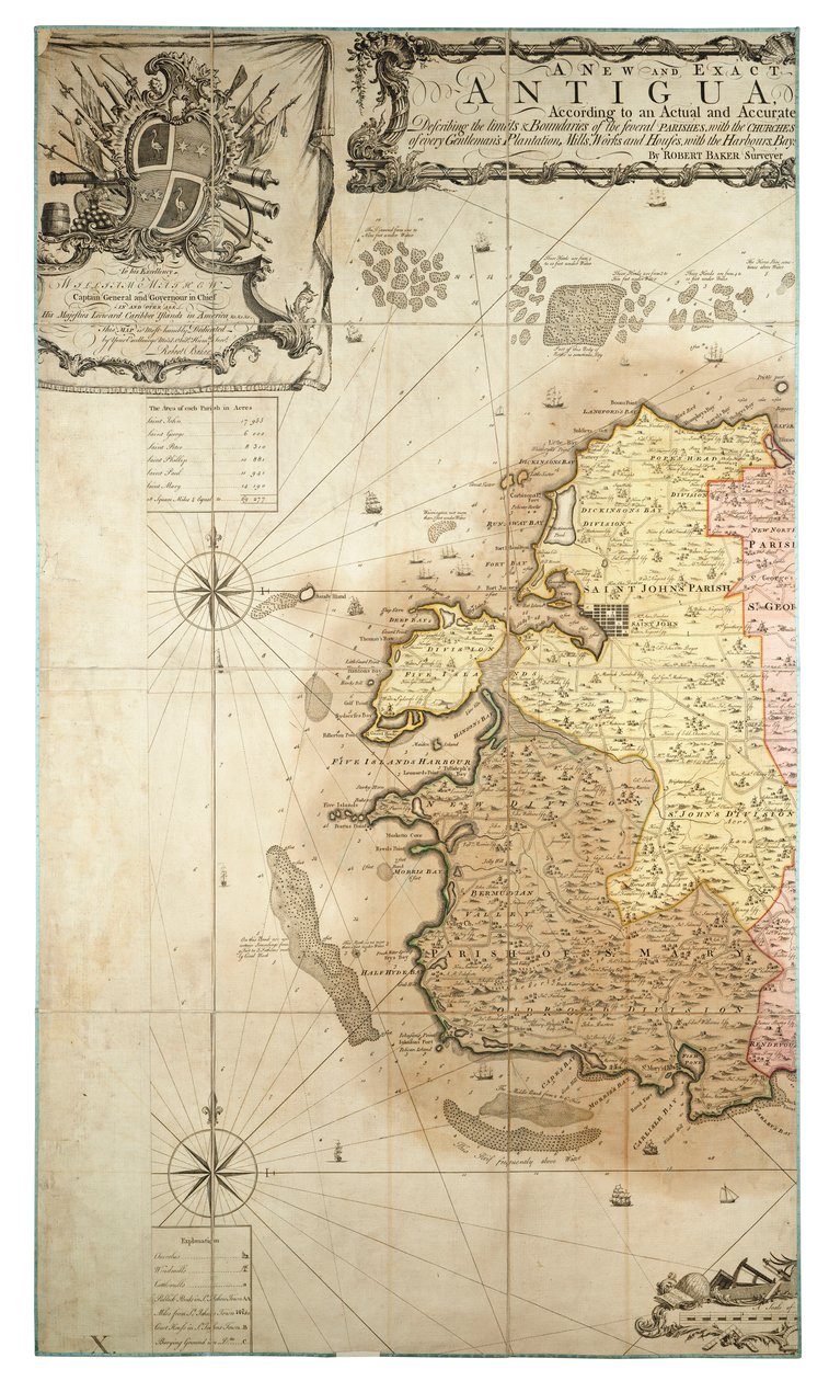 Een nieuwe en exacte kaart van het eiland Antigua in Amerika, volgens een onderzoek uitgevoerd in de jaren 1746-1748 door Robert Baker