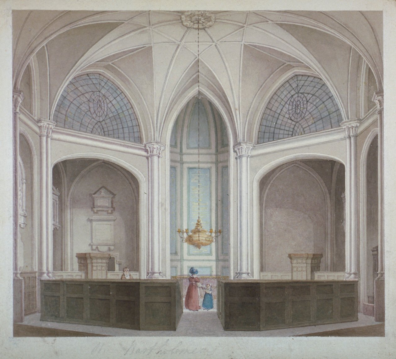 Interieur van de kerk van St Bartholomew-the-Less, City of London, 1834 door Robert Blemmell Schnebbelie