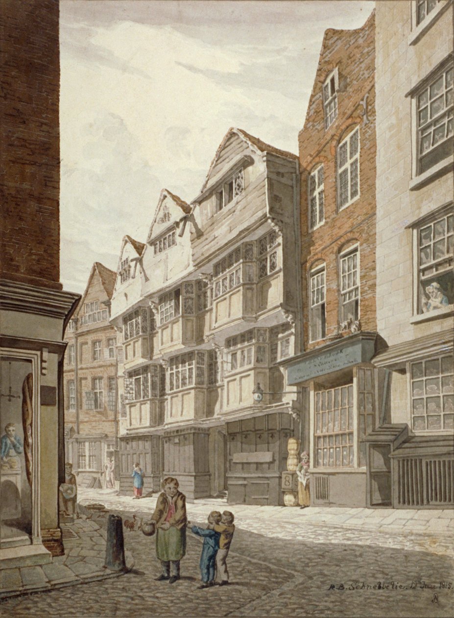 Zuidwestelijk uitzicht op een oud vakwerkhuis in Ship Yard, Westminster, Londen, 1815 door Robert Blemmell Schnebbelie