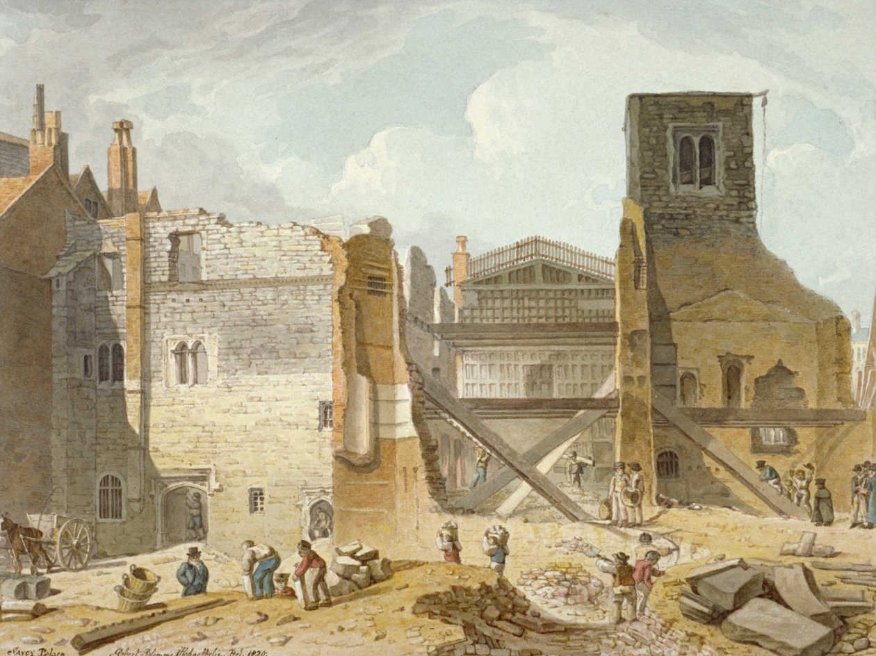 Uitzicht op de sloop van het Savoy Palace, Westminster, Londen door Robert Blemmell Schnebbelie