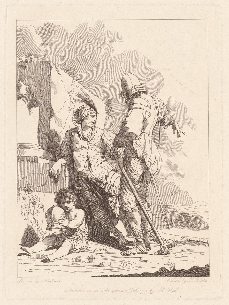 Twee soldaten en kind met een helm door Robert Blyth, after John Hamilton Mortimer
