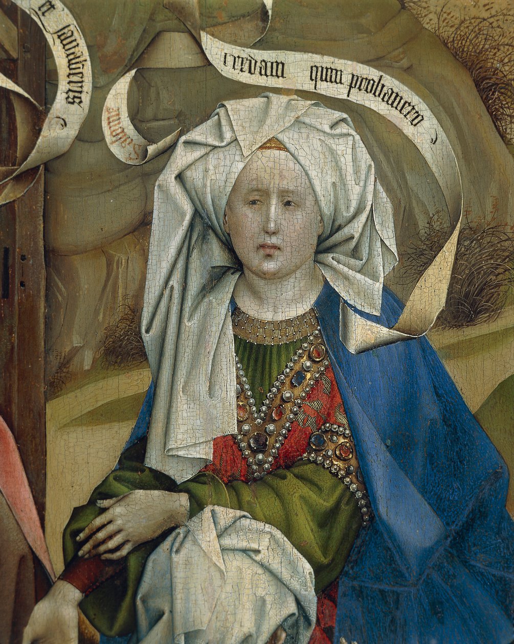 Detail van vrouw uit Geboorte, door Meester van Flemalle Robert Campin door Robert Campin