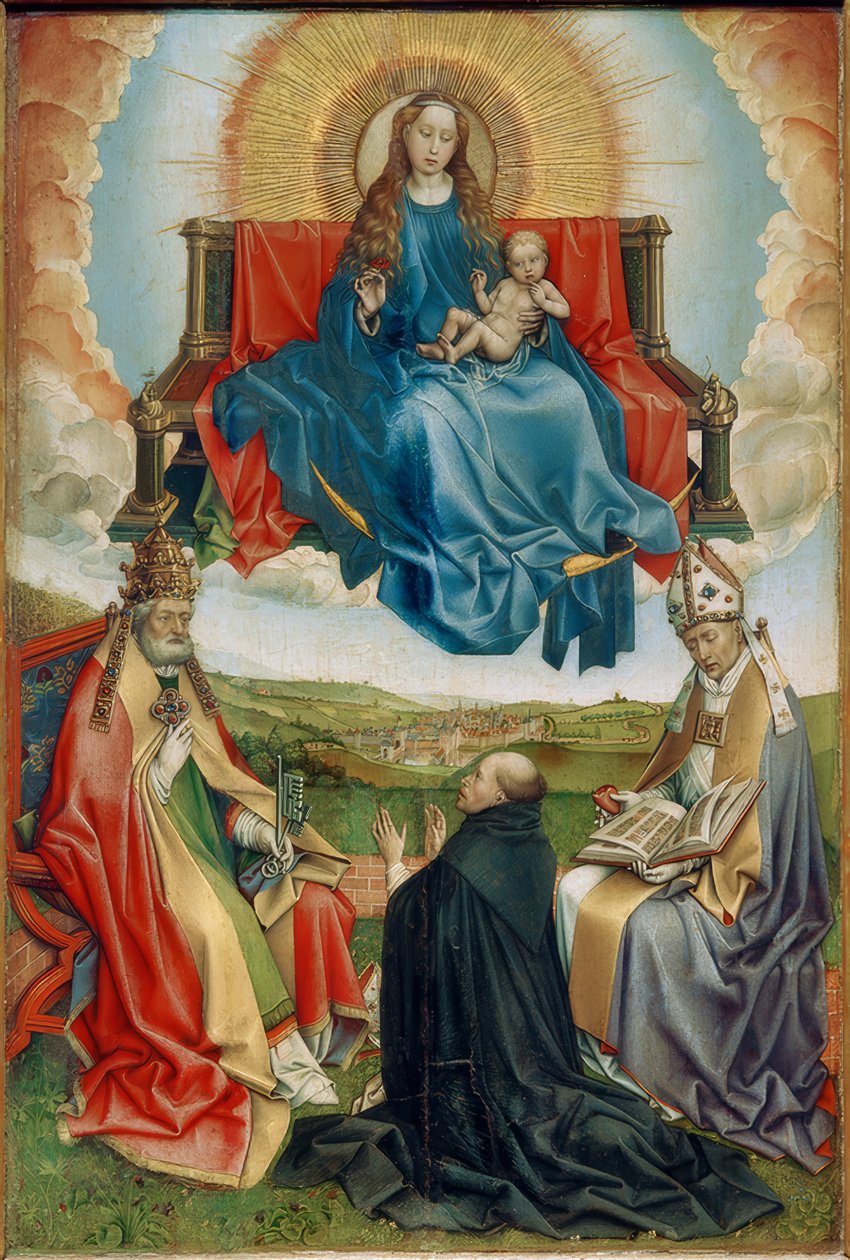 Madonna in de glorie met stichter en de heiligen Petrus en Augustinus door Robert Campin