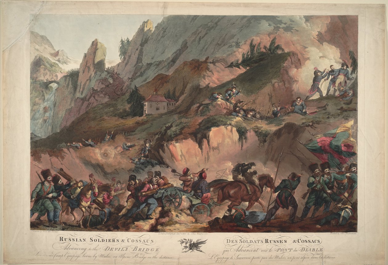 Russisch leger steekt de Duivelsbrug over in 1799, 1804 door Robert Carr Porter