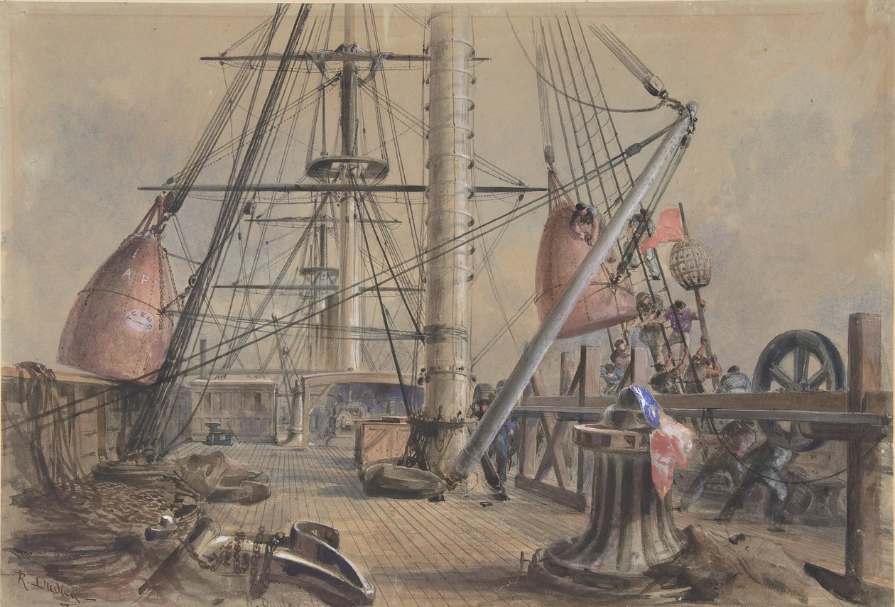 Een van de grote boeien eruit halen: Het dek van de Great Eastern kijkend vanaf... (1865-66) door Robert Charles Dudley
