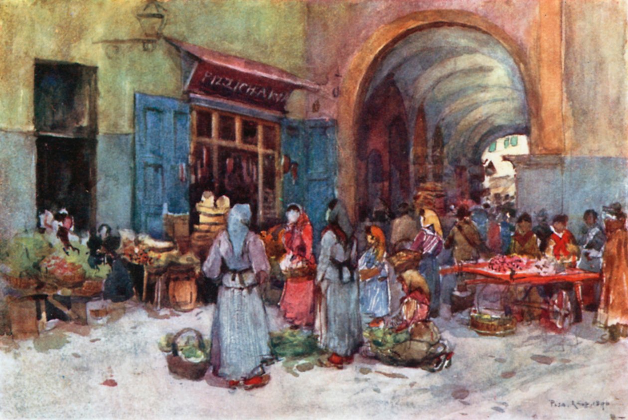 Straatverkopers, Pisa (kleurenlitho) door Robert Charles Goff