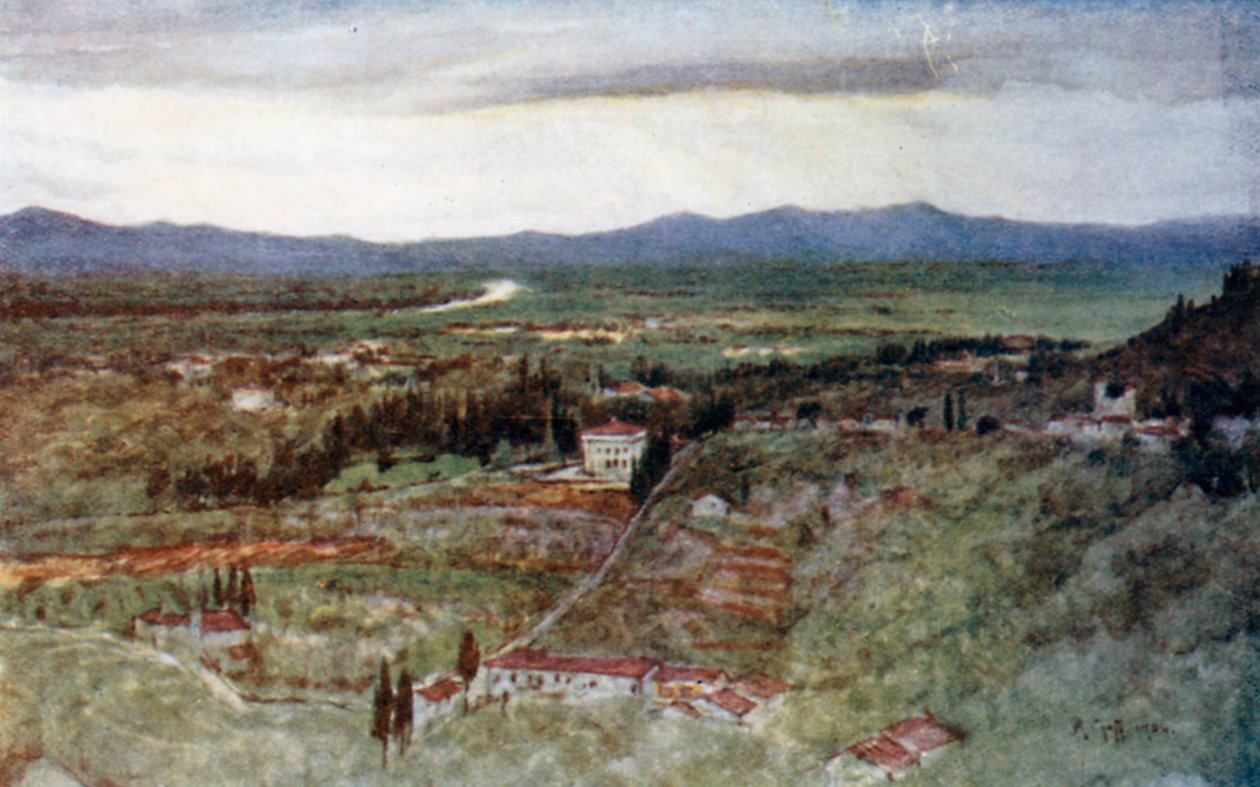 De groene vlakten van Toscane en de kronkelende Arno (kleurenlitho) door Robert Charles Goff