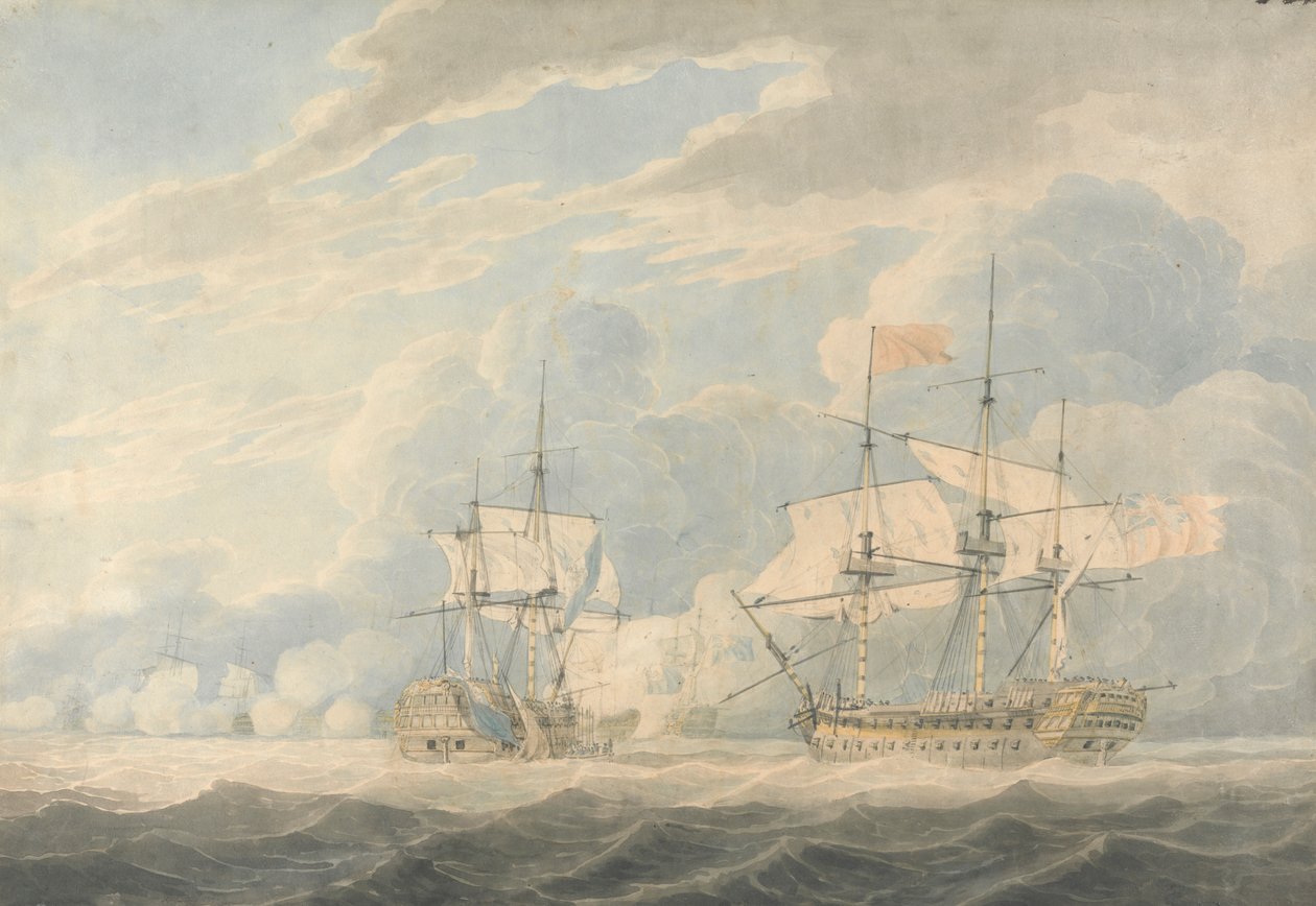 De Nederlandse vice-admiraal onder admiraal De Winter strijkt zijn vlag voor de Engelse vice-admiraal Onslow onder admiraal Duncan bij de Slag bij Camperdown, 11 oktober 1797 door Robert Cleveley