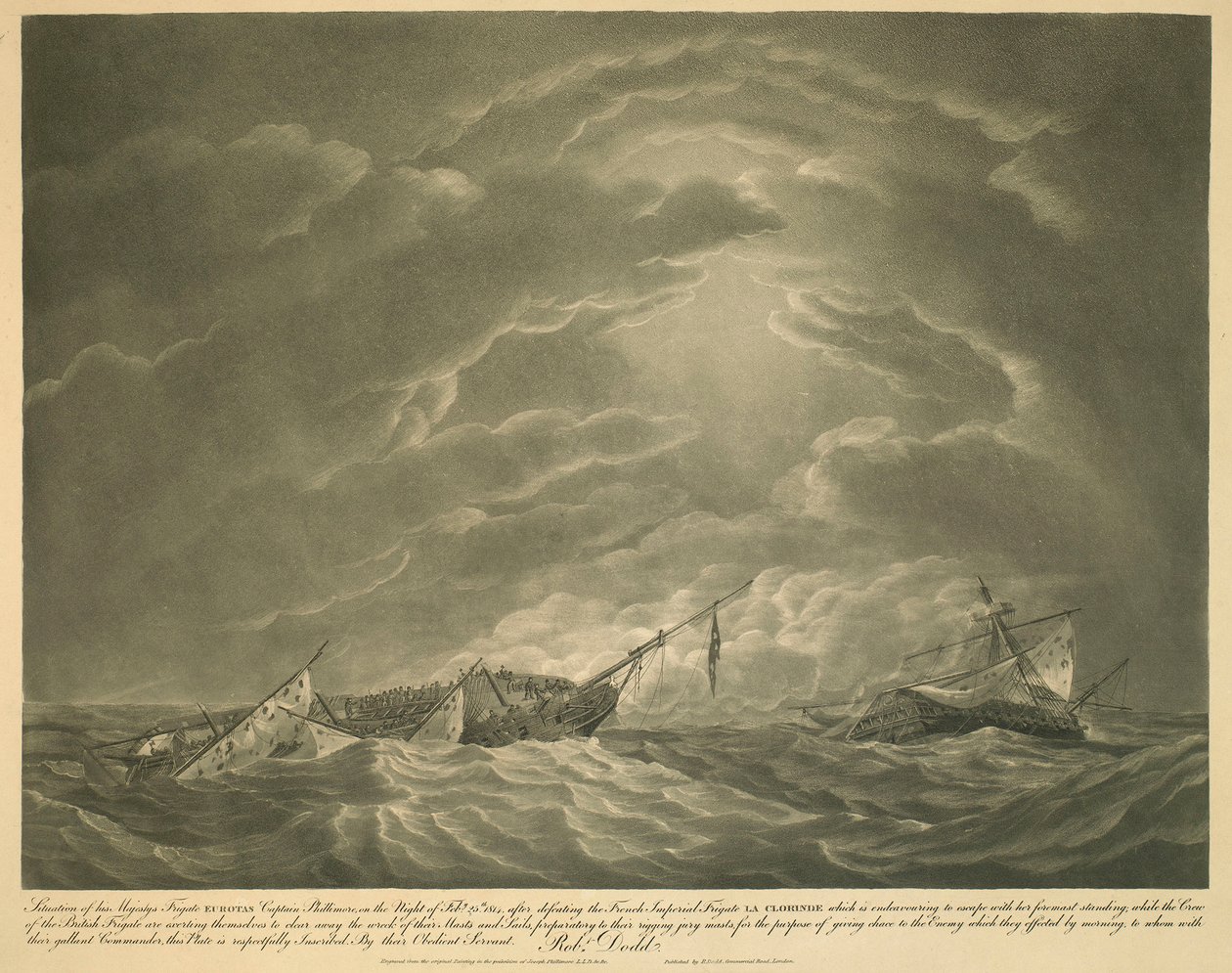 Situatie van Zijne Majesteits Fregat EUROTAS Kapitein Phillimore, in de nacht van 25 februari 1814, na het verslaan van het Franse keizerlijke fregat LA CLORINDE, dat probeert te ontsnappen met haar voormast overeind; terwijl de bemanning van het Britse fr door Robert Dodd