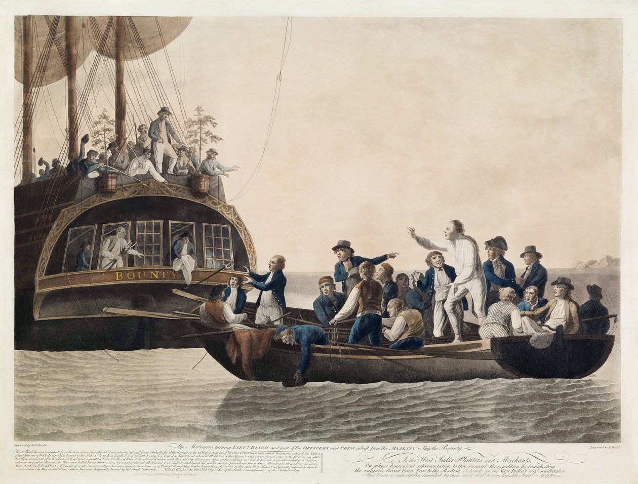 De Muiters zetten Luitenant Bligh en een deel van de Officieren en Bemanning Af, 29 april 1789, uitgegeven 1790 door Robert Dodd