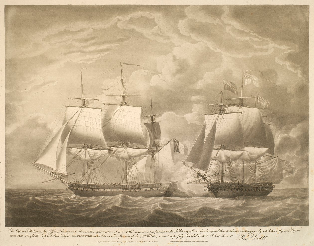 Aan Kapitein Phillimore, zijn Officieren, Matrozen en Mariniers, deze voorstelling van hun bekwame manoeuvre (door onder de Achtersteven van de Vijand door te varen toen hij verwachtte dat ze de weerstand zouden innemen) waardoor het Fregat EUROTAS van Zij door Robert Dodd