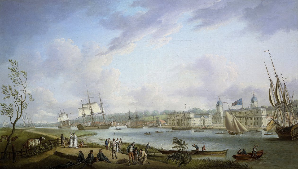 Uitzicht op Greenwich, beschrijving van de Theems en activiteiten op de oevers, evenals van de riviernavigatie, onderhevig aan het belang van de getijden. Olieverf op doek door Robert Dodd