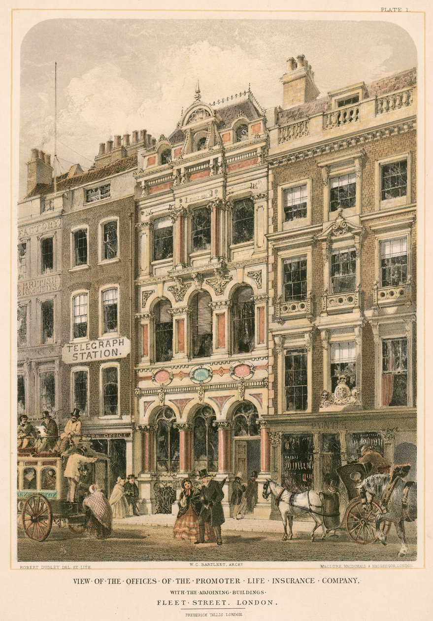 Gezicht op de kantoren van de Promoter Life Insurance Company met de aangrenzende gebouwen, Fleet Street, Londen (kleurenlitho) door Robert Dudley