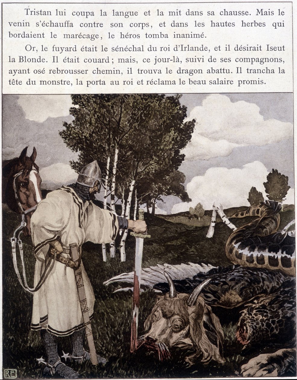 Tristan bij de dode draak - in Le Roman de Tristan et Iseult door Bédier, ill. door Robert Engels, ed. van Kunst, Parijs door Robert Engels