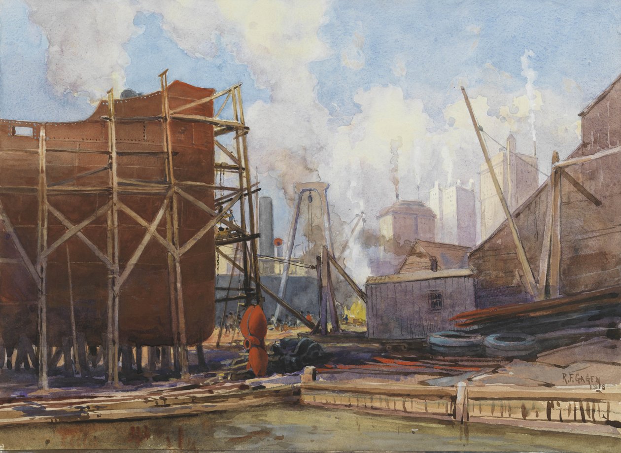 Scheepsbouw in Toronto, 1918 door Robert Ford Gagen