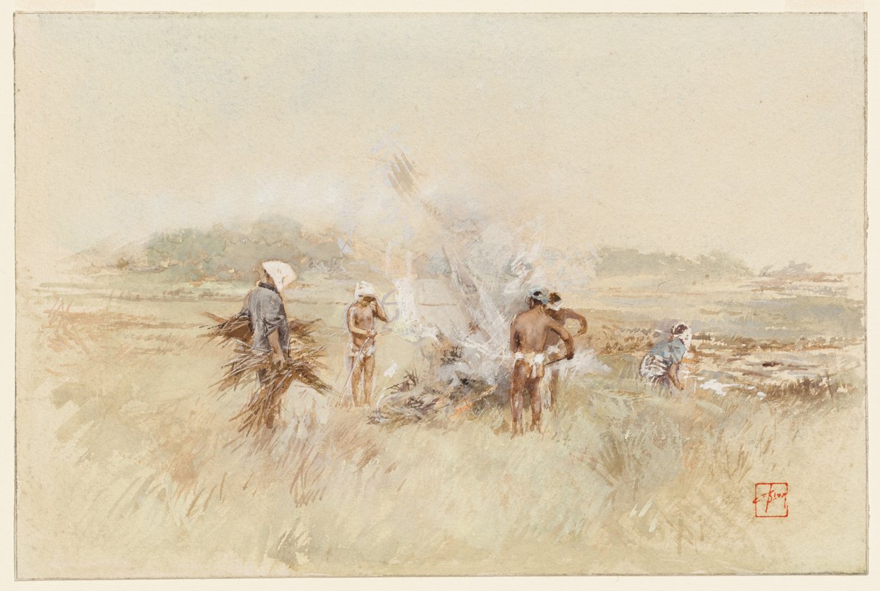 Aan het werk, takkenbossen op smeulende vuren stapelend door Robert Frederick Blum