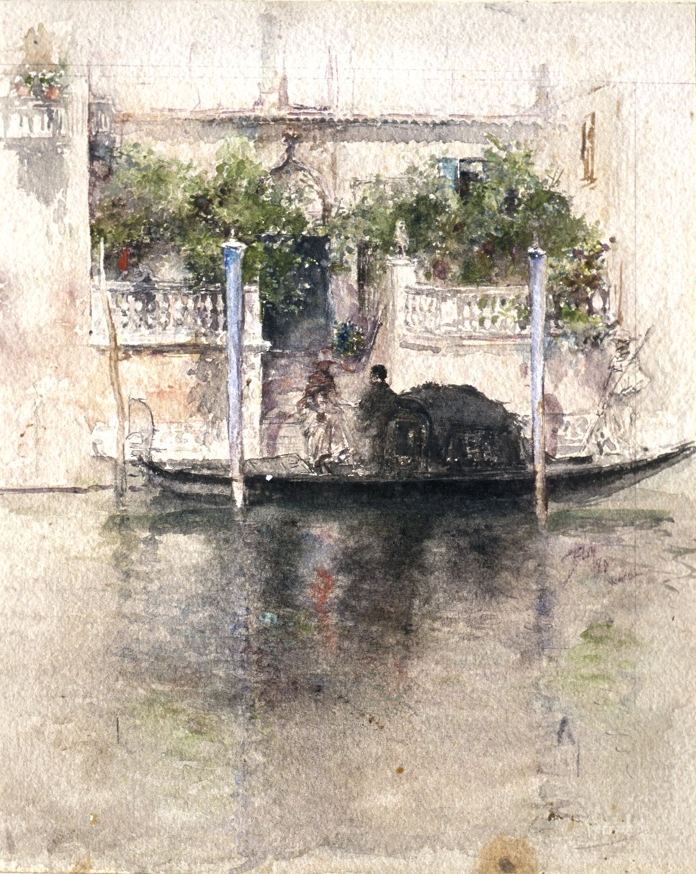 Dame die vanuit een palazzo in een gondel stapt door Robert Frederick Blum