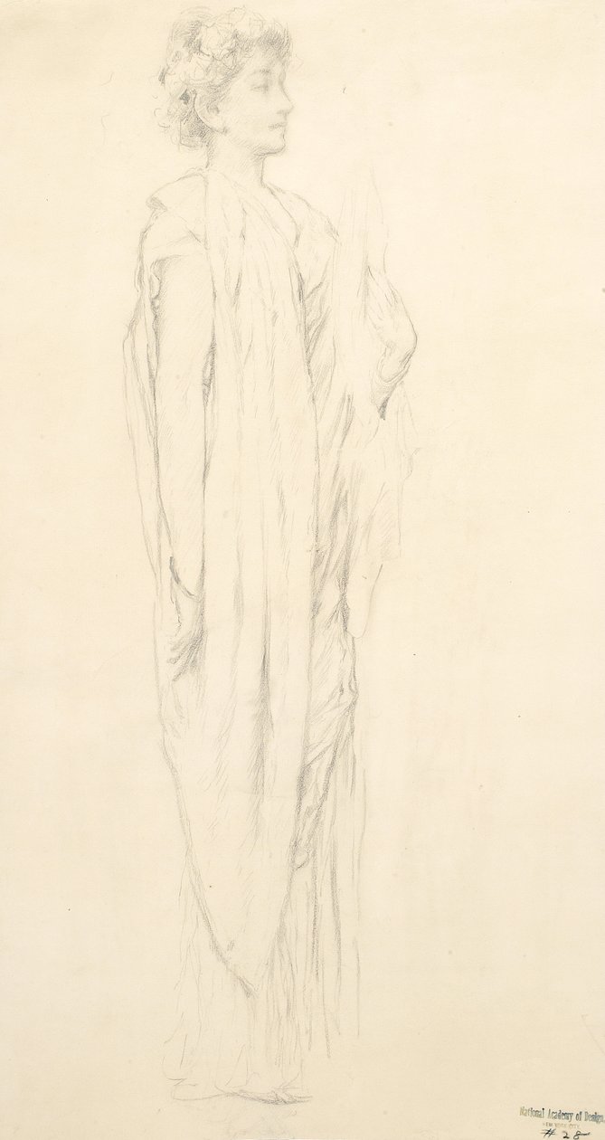 Studie van gedrapeerde vrouwelijke figuur voor Moods to Music muurschildering door Robert Frederick Blum