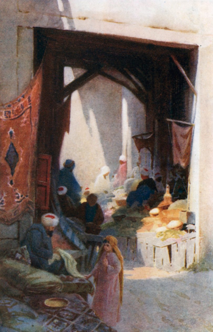 Een bazaar (kleurenlitho) door Robert George Talbot Kelly