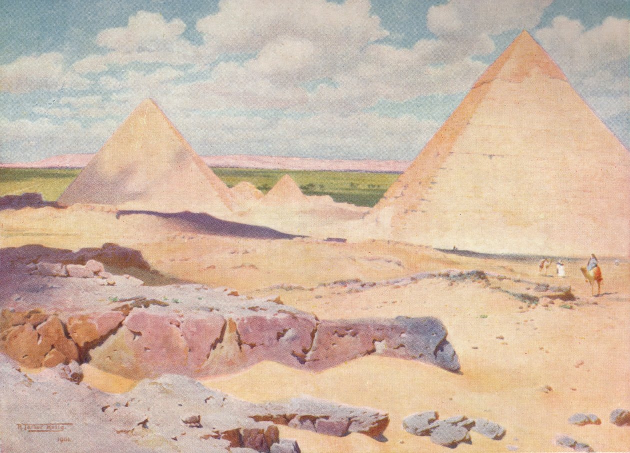 De piramides van Gizeh vanuit de woestijn, ca. 1880, 1904 door Robert George Talbot Kelly