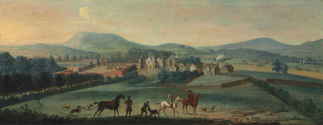 Een Uitzicht op de Verwoeste Westby Hall, Yorkshire, met een Jachtpartij op de Voorgrond door Robert Griffier