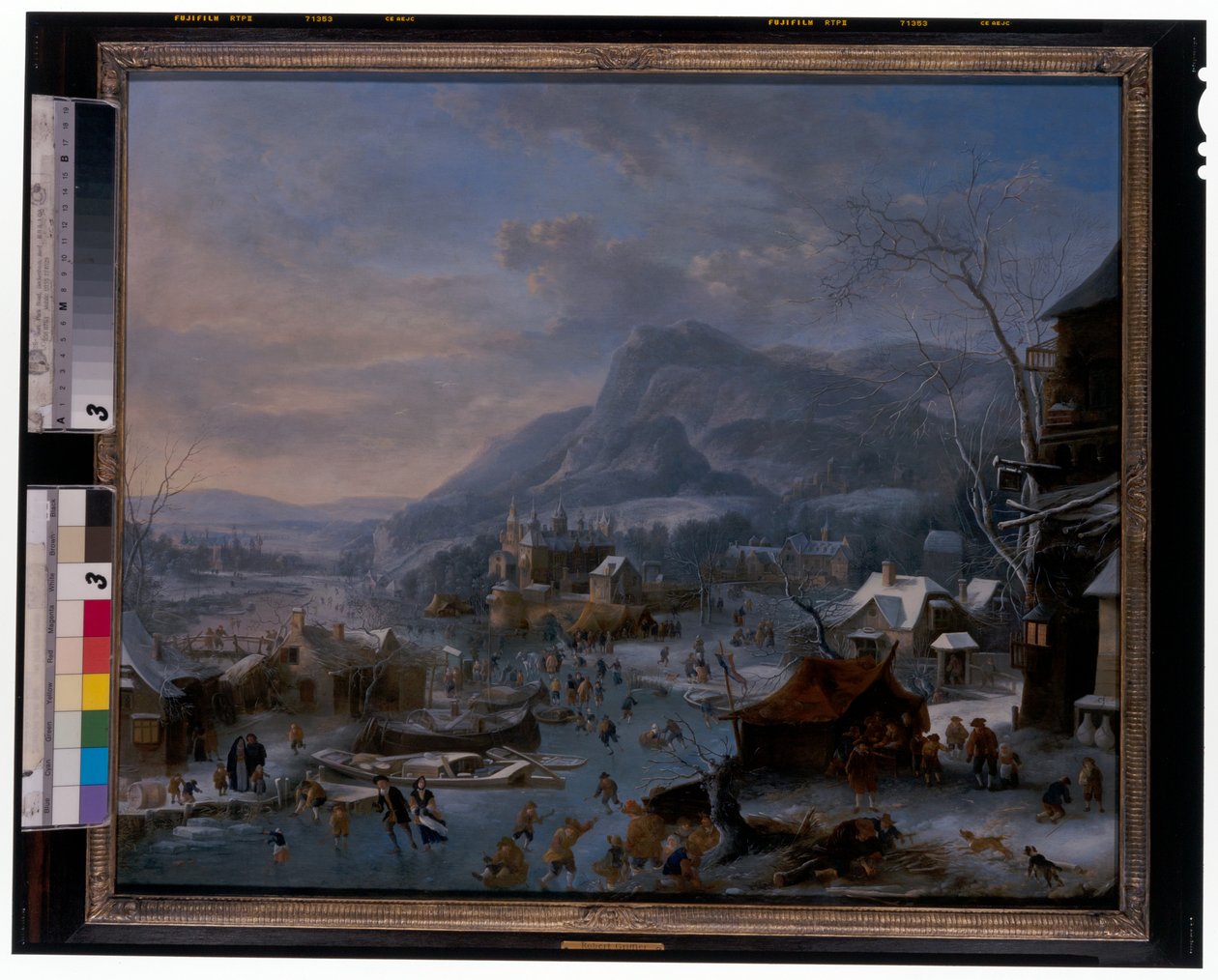 Winter: Een bevroren winterlandschap met boeren door Robert Griffier