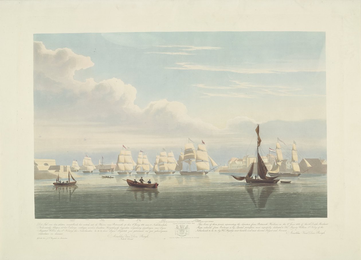 Vertrek van twaalf Nederlandse koopvaardijschepen uit de haven van Portsmouth, 1833 (plaat 1) door Robert Havell (II)